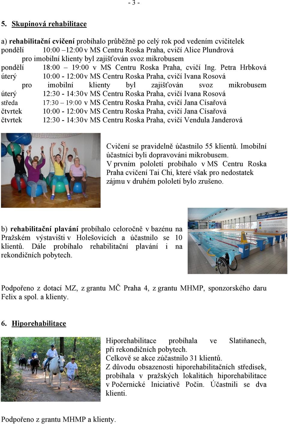 Petra Hrbková úterý 10:00-12:00v MS Centru Roska Praha, cvičí Ivana Rosová pro imobilní klienty byl zajišťován svoz mikrobusem úterý 12:30-14:30v MS Centru Roska Praha, cvičí Ivana Rosová středa