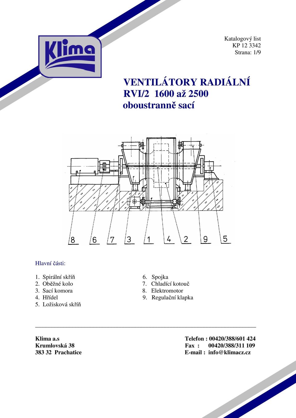 Sací komora 8. Elektromotor 4. Hřídel 9. Regulační klapka 5. Ložisková skříň Klima a.