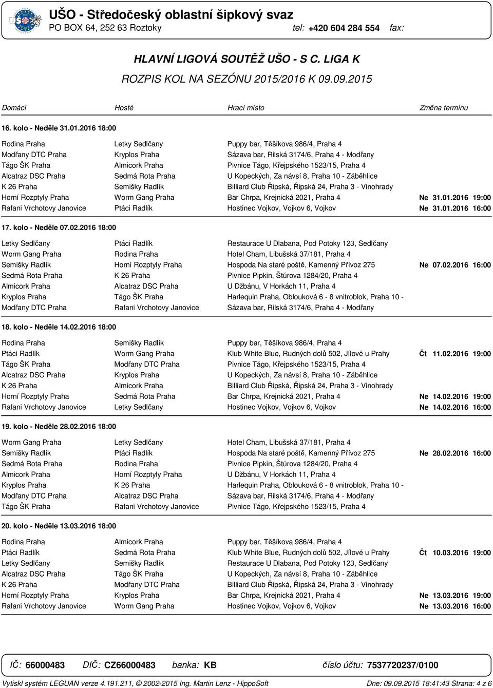 Křejpského 1523/15, Praha 4 Alcatraz DSC Praha Sedmá Rota Praha U Kopeckých, Za návsí 8, Praha 10 - Záběhlice K 26 Praha Semišky Radlík Billiard Club Řipská, Řipská 24, Praha 3 - Vinohrady Horní