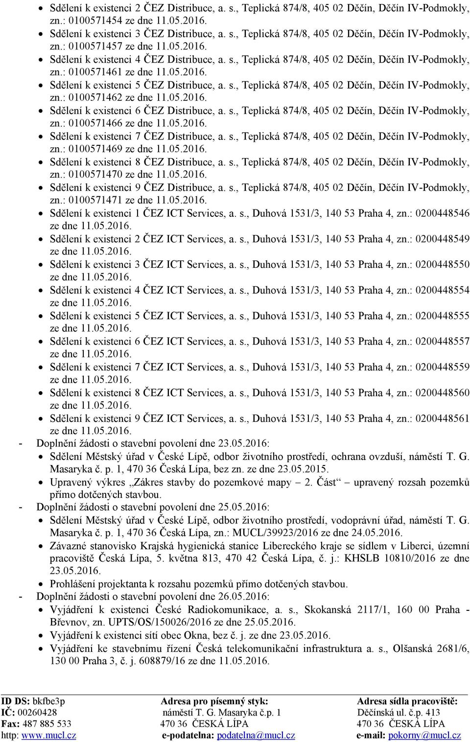 s., Teplická 874/8, 405 02 Děčín, Děčín IV-Podmokly, zn.: 0100571466 Sdělení k existenci 7 ČEZ Distribuce, a. s., Teplická 874/8, 405 02 Děčín, Děčín IV-Podmokly, zn.: 0100571469 Sdělení k existenci 8 ČEZ Distribuce, a.
