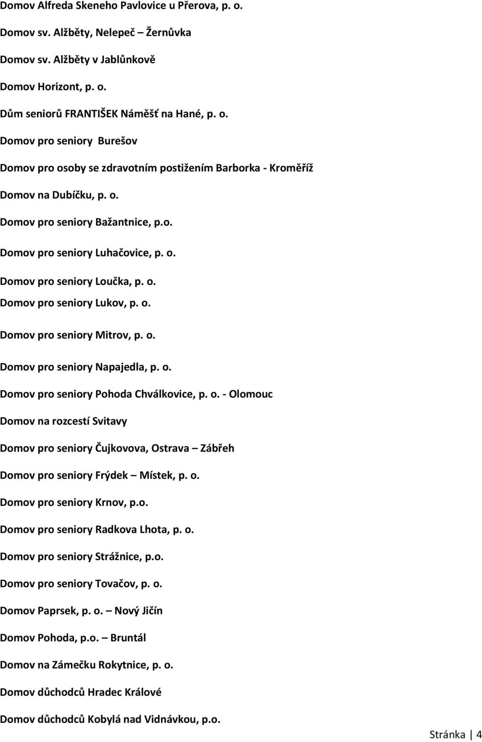 o. Domov pro seniory Pohoda Chválkovice, p. o. - Olomouc Domov na rozcestí Svitavy Domov pro seniory Čujkovova, Ostrava Zábřeh Domov pro seniory Frýdek Místek, p. o. Domov pro seniory Krnov, p.o. Domov pro seniory Radkova Lhota, p.