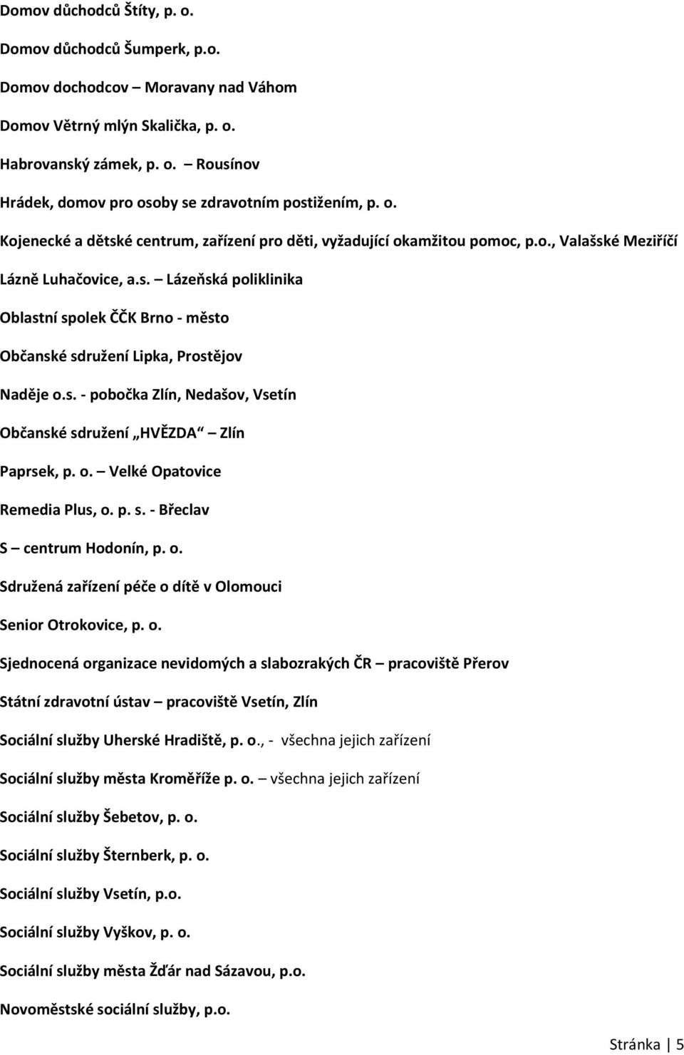 s. - pobočka Zlín, Nedašov, Vsetín Občanské sdružení HVĚZDA Zlín Paprsek, p. o. Velké Opatovice Remedia Plus, o. p. s. - Břeclav S centrum Hodonín, p. o. Sdružená zařízení péče o dítě v Olomouci Senior Otrokovice, p.
