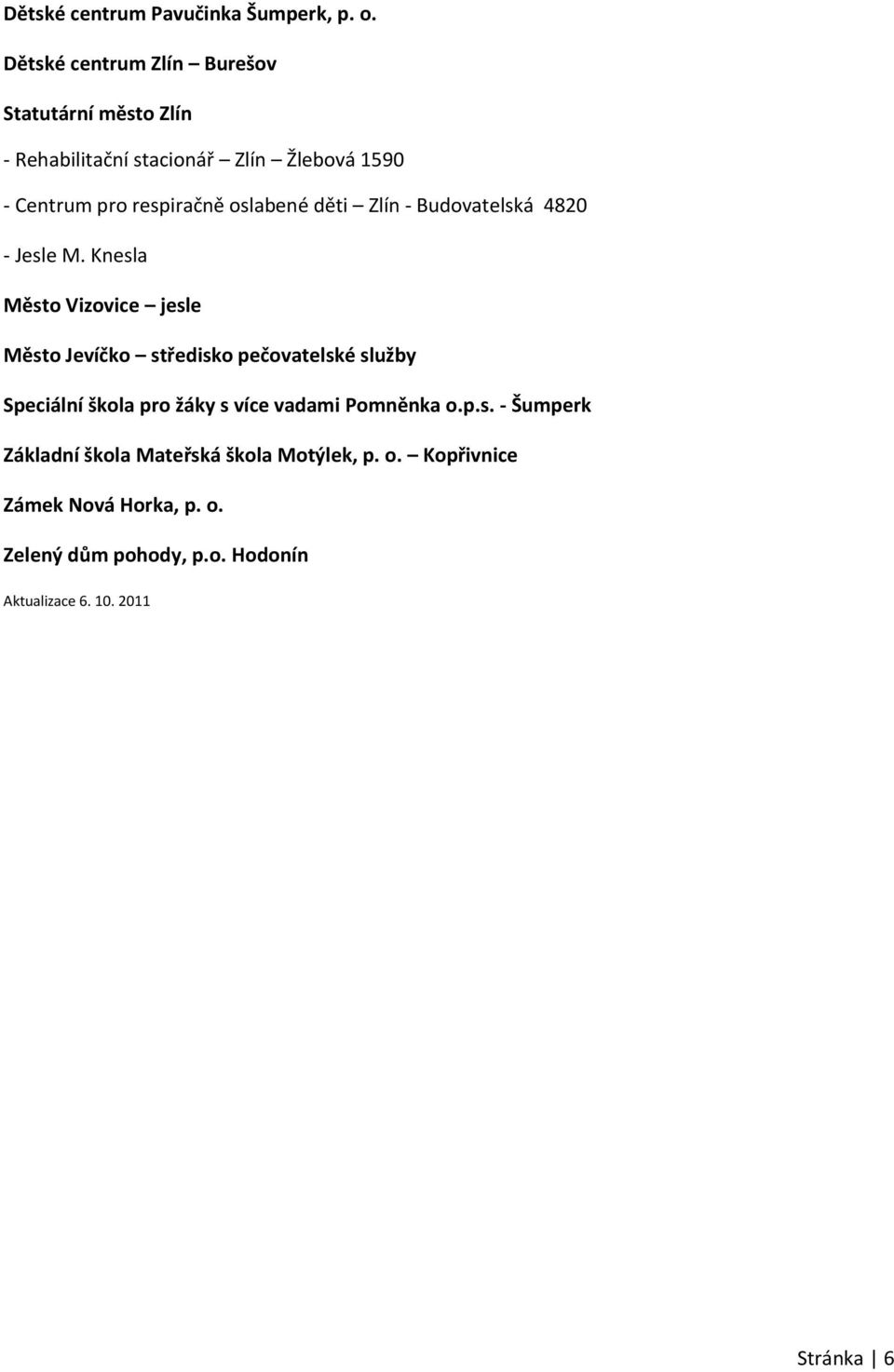 oslabené děti Zlín - Budovatelská 4820 - Jesle M.