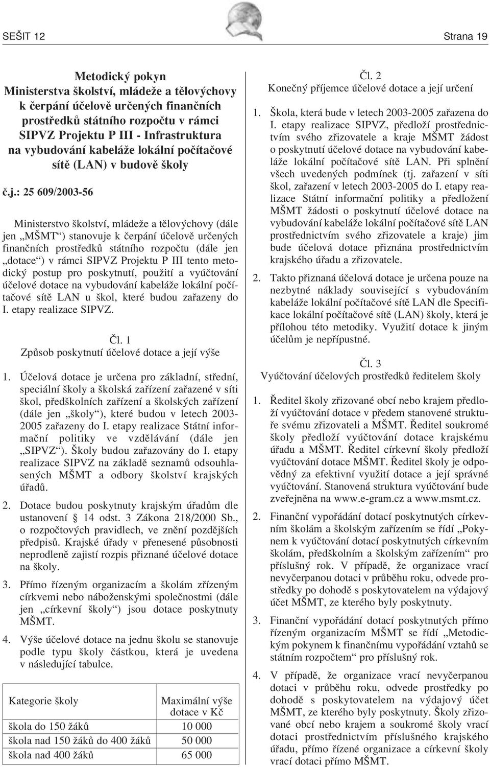 : 25 609/2003-56 Ministerstvo ökolstvì, ml deûe a tïlov chovy (d le jen ÑMäMTì) stanovuje k Ëerp nì ËelovÏ urëen ch finanënìch prost edk st tnìho rozpoëtu (d le jen Ñdotaceì) v r mci SIPVZ Projektu P