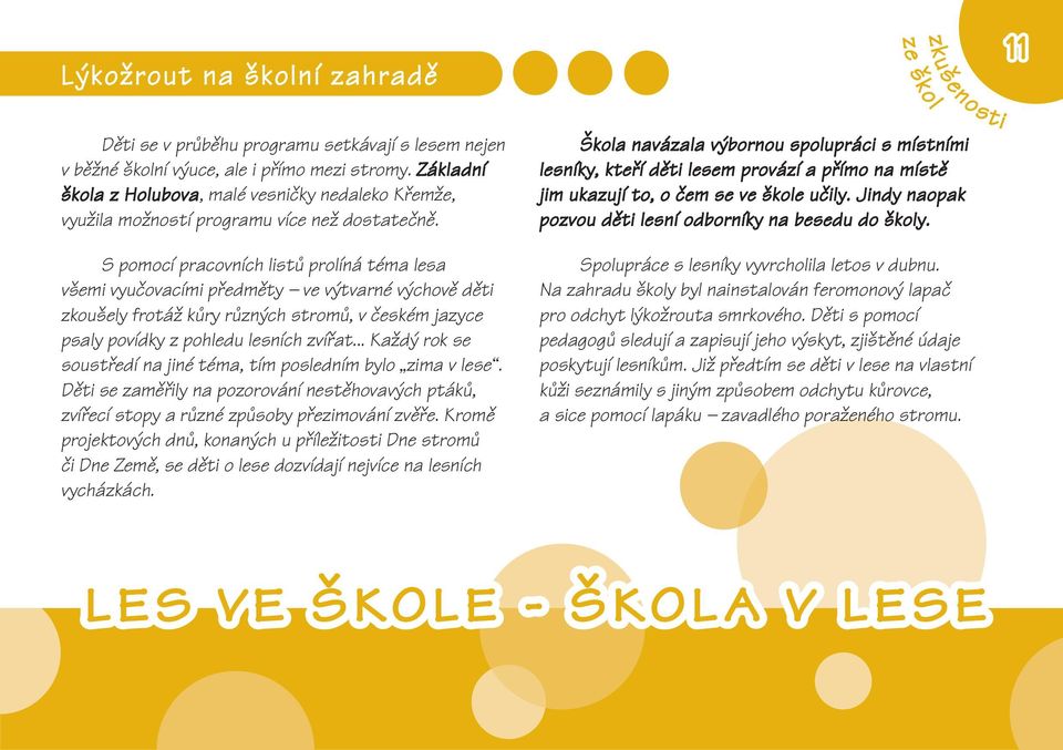 S pomocí pracovních listů prolíná téma lesa všemi vyučovacími předměty ve výtvarné výchově děti zkoušely frotáž kůry různých stromů, v českém jazyce psaly povídky z pohledu lesních zvířat.