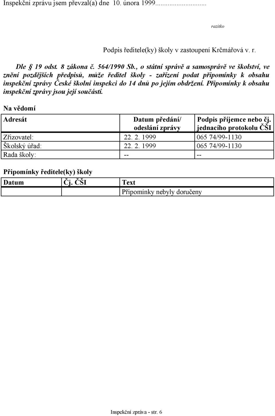 dnů po jejím obdržení. Připomínky k obsahu inspekční zprávy jsou její součástí. Na vědomí Adresát Datum předání/ odeslání zprávy Podpis příjemce nebo čj.