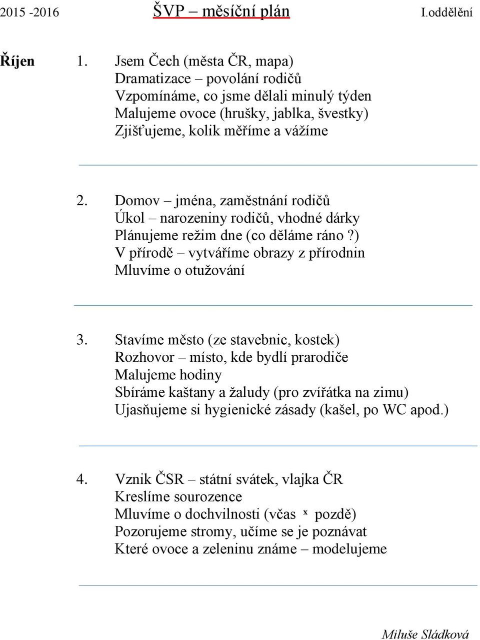 Domov jména, zaměstnání rodičů Úkol narozeniny rodičů, vhodné dárky Plánujeme režim dne (co děláme ráno?) V přírodě vytváříme obrazy z přírodnin Mluvíme o otužování 3.