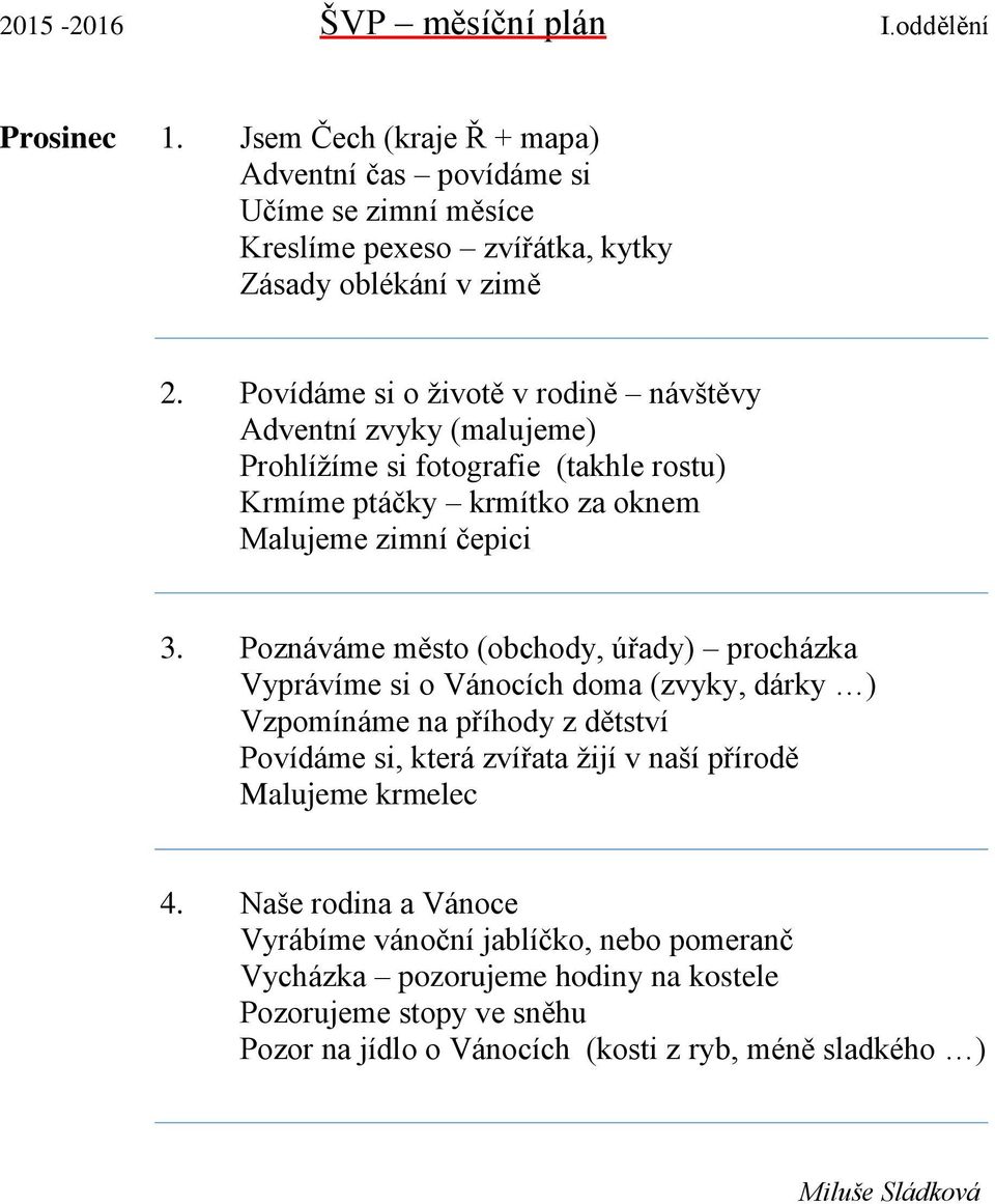 Poznáváme město (obchody, úřady) procházka Vyprávíme si o Vánocích doma (zvyky, dárky ) Vzpomínáme na příhody z dětství Povídáme si, která zvířata žijí v naší přírodě