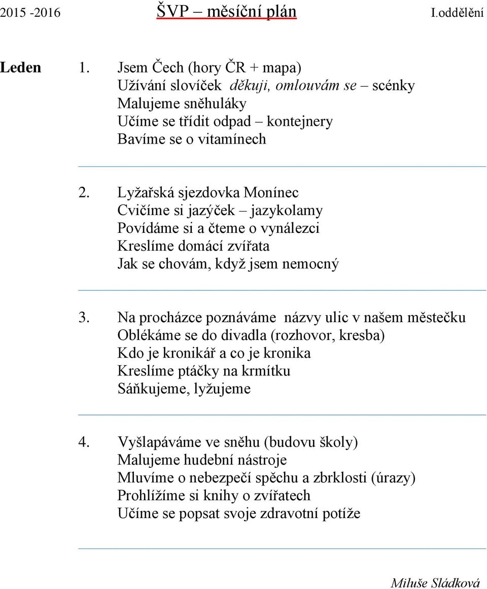 Na procházce poznáváme názvy ulic v našem městečku Oblékáme se do divadla (rozhovor, kresba) Kdo je kronikář a co je kronika Kreslíme ptáčky na krmítku Sáňkujeme,