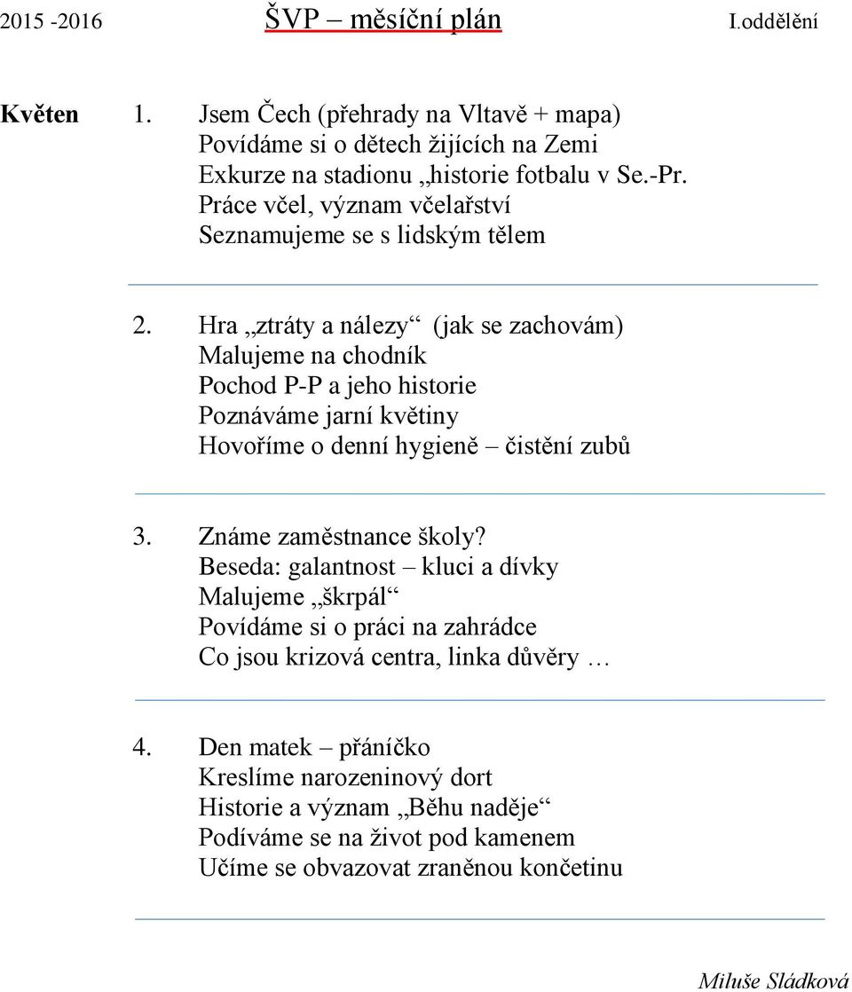 Hra ztráty a nálezy (jak se zachovám) Malujeme na chodník Pochod P-P a jeho historie Poznáváme jarní květiny Hovoříme o denní hygieně čistění zubů 3.