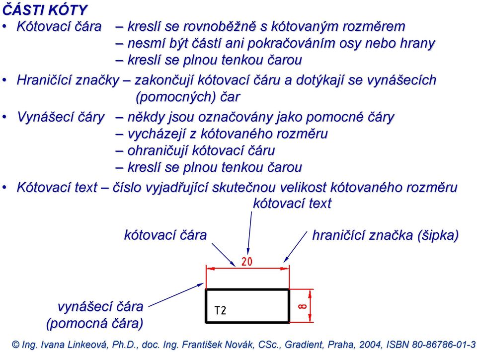 označovány jako pomocné čáry vycházejí z kótovaného rozměru ohraničují kótovací čáru kreslí se plnou tenkou čarou Kótovací text