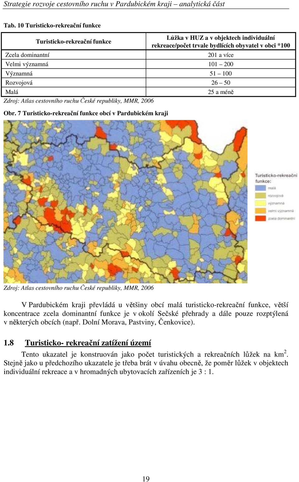 7 Turisticko-rekreační funkce obcí v Pardubickém kraji 25 a méně Zdroj: Atlas cestovního ruchu České republiky, MMR, 2006 V Pardubickém kraji převládá u většiny obcí malá turisticko-rekreační funkce,