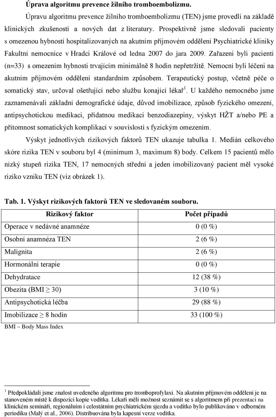 Zařazeni byli pacienti (n=33) s omezením hybnosti trvajícím minimálně 8 hodin nepřetržitě. Nemocní byli léčeni na akutním příjmovém oddělení standardním způsobem.