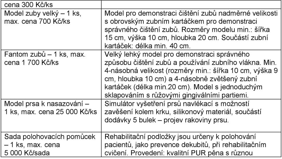 : šířka 15 cm, výška 10 cm, hloubka 20 cm. Součástí zubní kartáček: délka min. 40 cm. Velký lehký model pro demonstraci správného způsobu čištění zubů a používání zubního vlákna. Min.