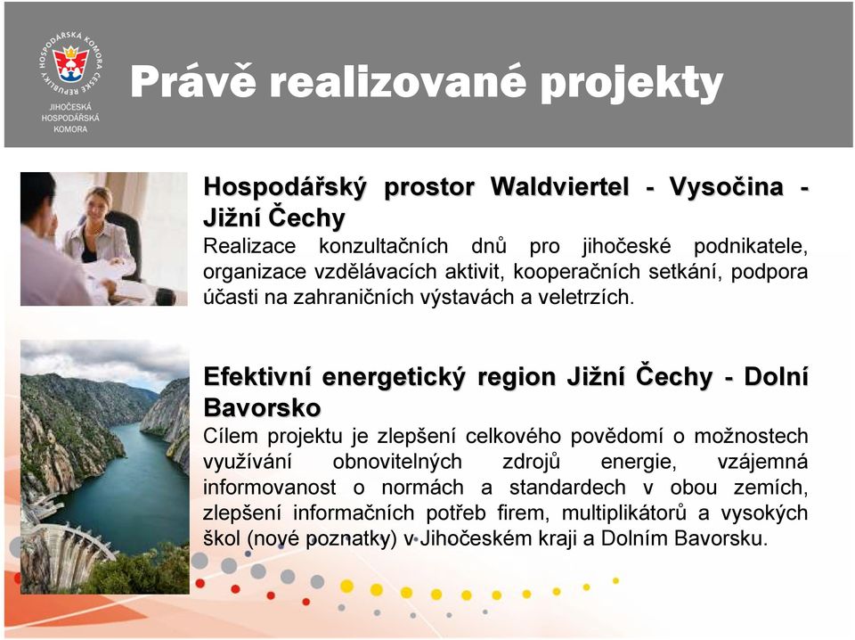 Efektivní energetický region Jižní Čechy - Dolní Bavorsko Cílem projektu je zlepšení celkového povědomí o možnostech využívání obnovitelných zdrojů