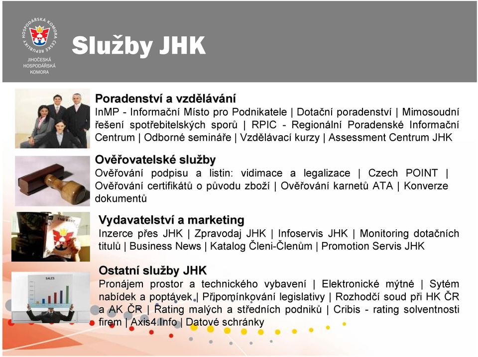 Konverze dokumentů Vydavatelství a marketing Inzerce přes JHK Zpravodaj JHK Infoservis JHK Monitoring dotačních titulů Business News Katalog Členi-Členům Promotion Servis JHK Ostatní služby JHK