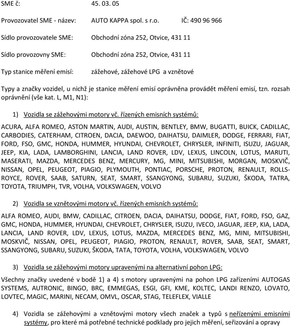 L, M1, N1): ACURA, ALFA ROMEO, ASTON MARTIN, AUDI, AUSTIN, BENTLEY, BMW, BUGATTI, BUICK, CADILLAC, CARBODIES, CATERHAM, CITROEN, DACIA, DAEWOO, DAIHATSU, DAIMLER, DODGE, FERRARI, FIAT, FORD, FSO,