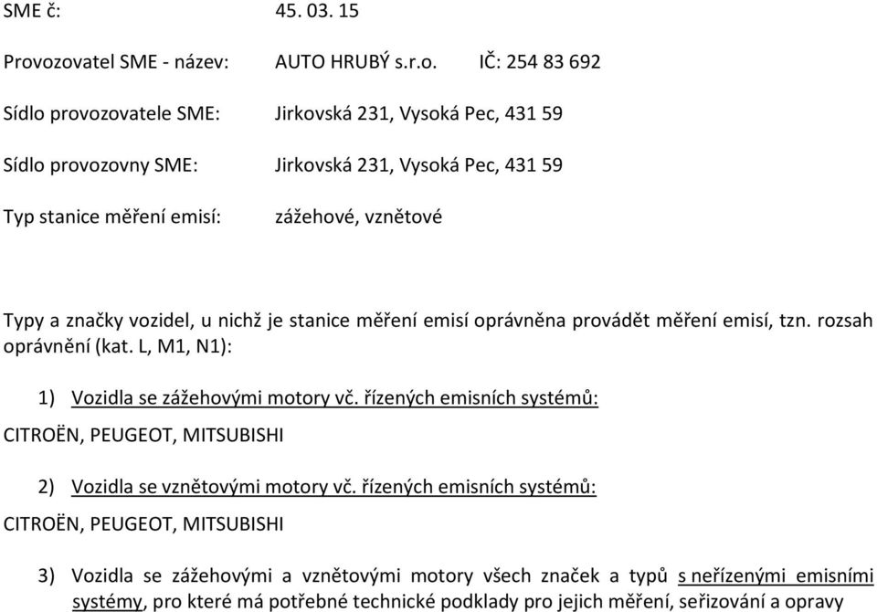 Vysoká Pec, 431 59 Sídlo provozovny SME: Jirkovská 231, Vysoká Pec, 431 59 zážehové, vznětové