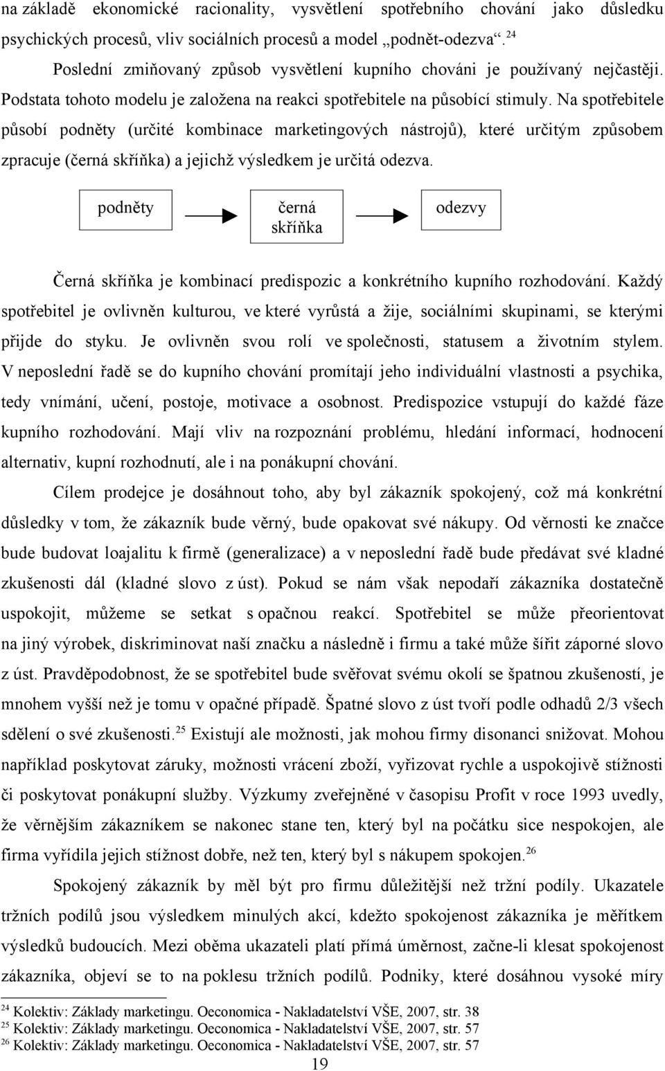 Na spotřebitele působí podněty (určité kombinace marketingových nástrojů), které určitým způsobem zpracuje (černá skříňka) a jejichž výsledkem je určitá odezva.