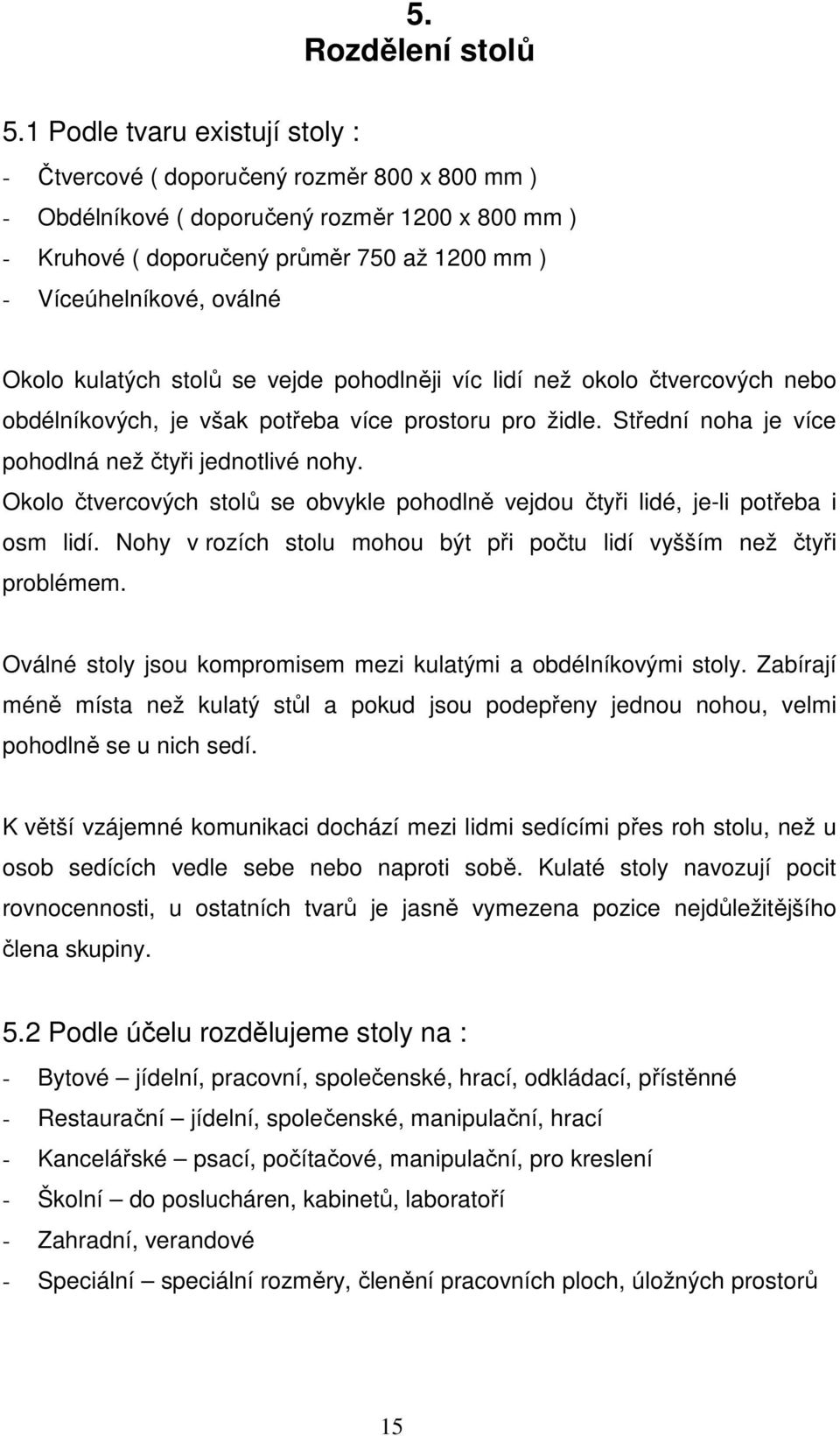 Okolo kulatých stolů se vejde pohodlněji víc lidí než okolo čtvercových nebo obdélníkových, je však potřeba více prostoru pro židle. Střední noha je více pohodlná než čtyři jednotlivé nohy.