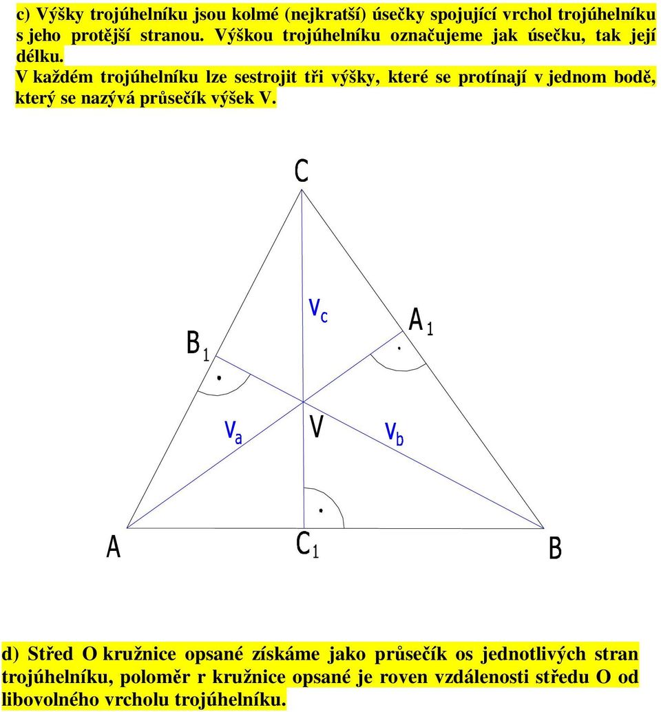 V každém trojúhelníku lze sestrojit ti výšky, které se protínají v jednom bod, který se nazývá prseík výšek V.