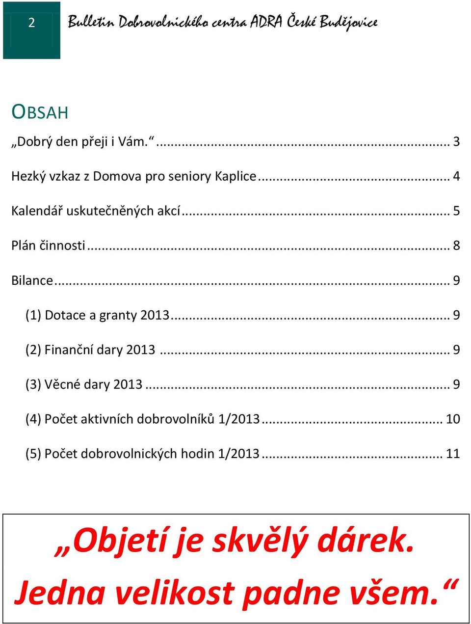 .. 8 Bilance... 9 (1) Dotace a granty 2013... 9 (2) Finanční dary 2013... 9 (3) Věcné dary 2013.