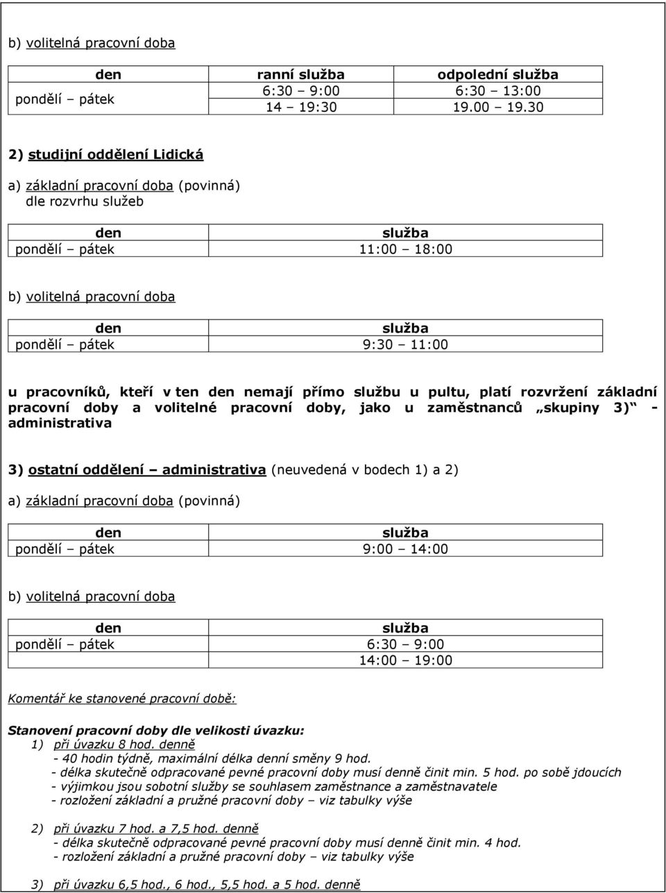 pracovníků, kteří v ten den nemají přímo službu u pultu, platí rozvržení základní pracovní doby a volitelné pracovní doby, jako u zaměstnanců skupiny 3) - administrativa 3) ostatní oddělení
