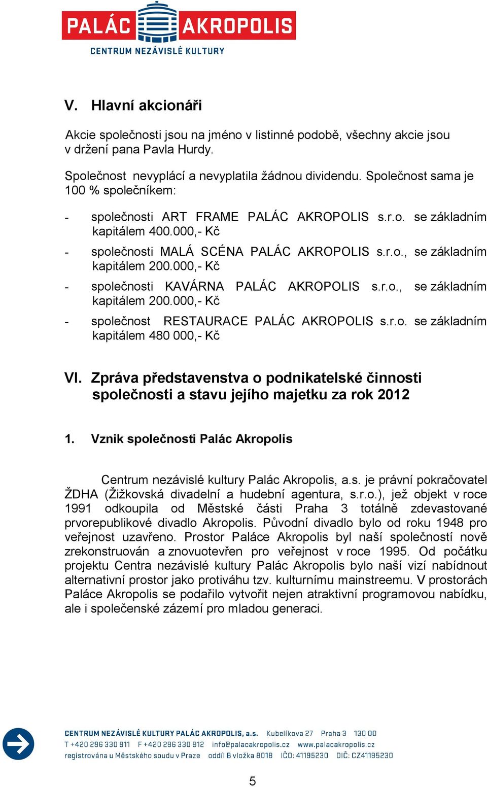 000,- Kč - společnosti KAVÁRNA PALÁC AKROPOLIS s.r.o., se základním kapitálem 200.000,- Kč - společnost RESTAURACE PALÁC AKROPOLIS s.r.o. se základním kapitálem 480 000,- Kč VI.