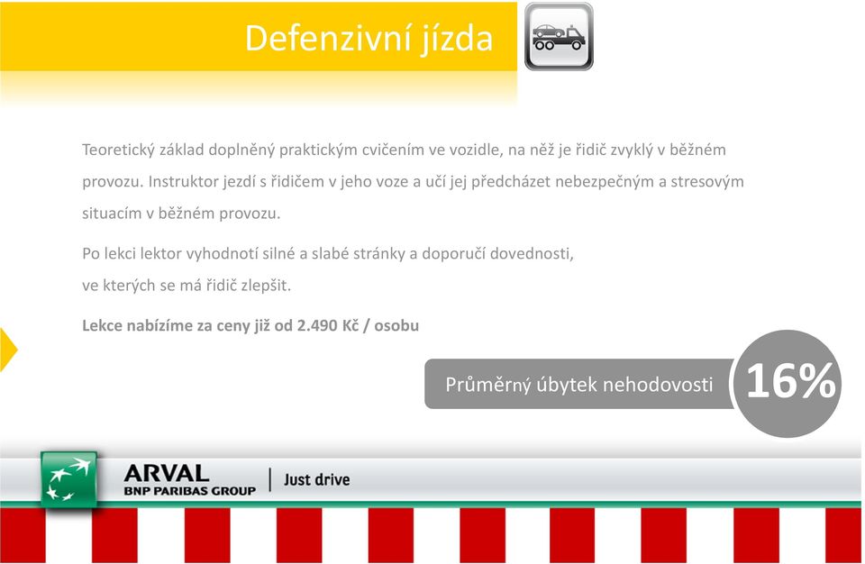 Instruktor jezdí s řidičem v jeho voze a učí jej předcházet nebezpečným a stresovým situacím v  Po