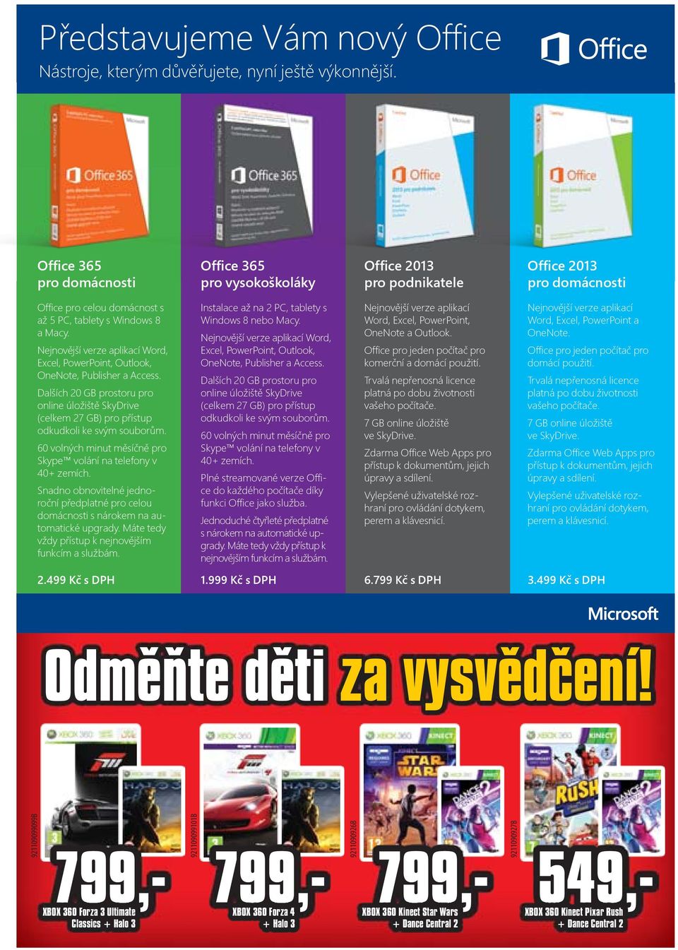 Nejnovější verze aplikací Word, Excel, PowerPoint, Outlook, OneNote, Publisher a Access. Dalších 20 GB prostoru pro online úložiště SkyDrive (celkem 27 GB) pro přístup odkudkoli ke svým souborům.