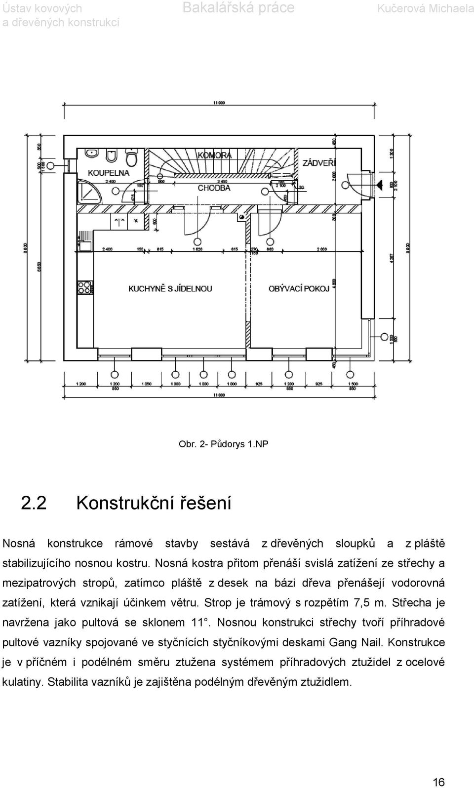 větru. Strop je trámový s rozpětím 7,5 m. Střecha je navržena jako pultová se sklonem 11.