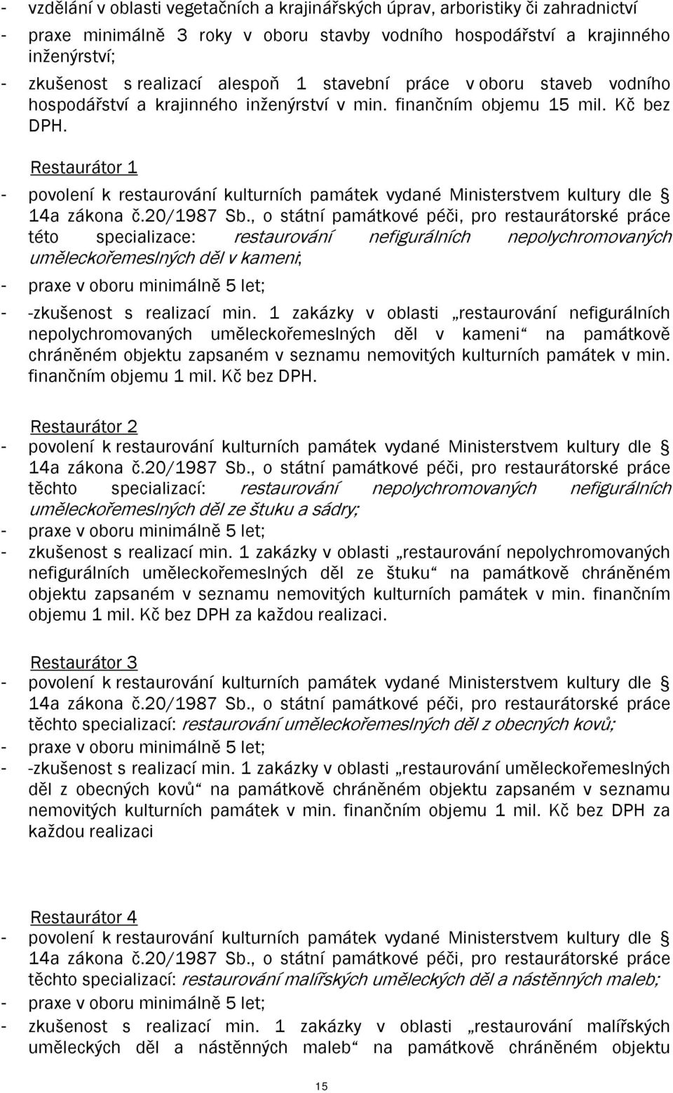 Restaurátor 1 - povolení k restaurování kulturních památek vydané Ministerstvem kultury dle 14a zákona č.20/1987 Sb.