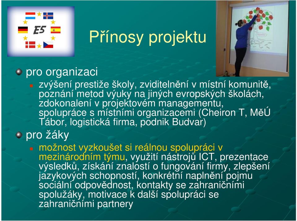 možnost vyzkoušet si reálnou spolupráci v mezinárodním týmu, využití nástrojů ICT, prezentace výsledků, získání znalostí o fungování firmy,