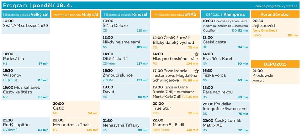 (krimi) Žhnoucí slunce David 110 min 137 min 123 min 80 min Nenasytná Tiffany 80 min Český žurnál: Blízký daleký východ Hlas pro římského krále 104 min 17:00 Prvá: Izabela Textorisová, Magdaléna