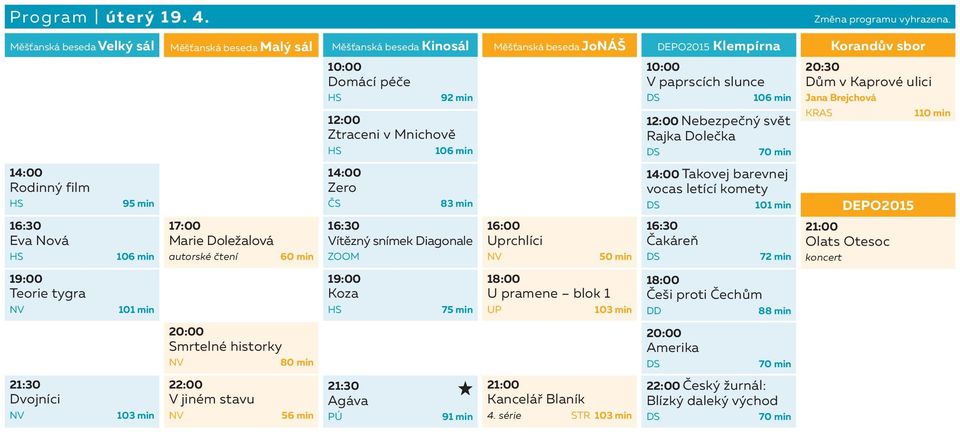 min 103 min 17:00 Marie Doležalová autorské čtení 60 min Smrtelné historky 80 min V jiném stavu 56 min Domácí péče Ztraceni v Mnichově Zero 83 min Vítězný snímek Diagonale Koza Agáva 92 min
