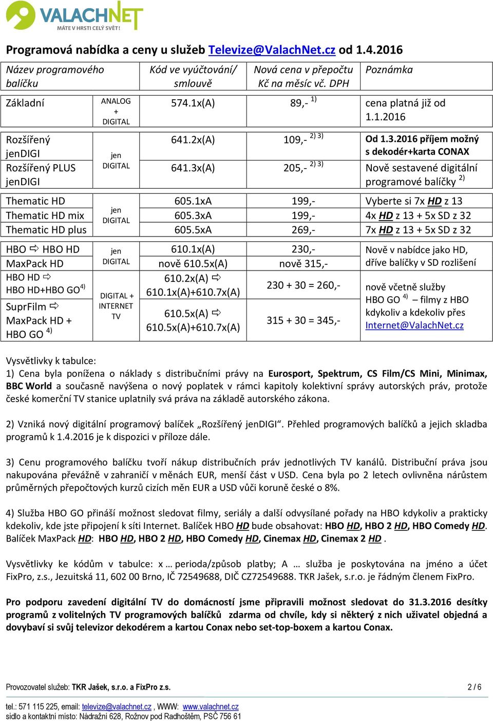 1x(A) 89,- 1) cena platná již od 1.1.2016 641.2x(A) 109,- 2) 3) Od 1.3.2016 příjem možný s dekodér+karta CONAX 641.3x(A) 205,- 2) 3) Nově sestavené digitální programové balíčky 2) Thematic HD 605.