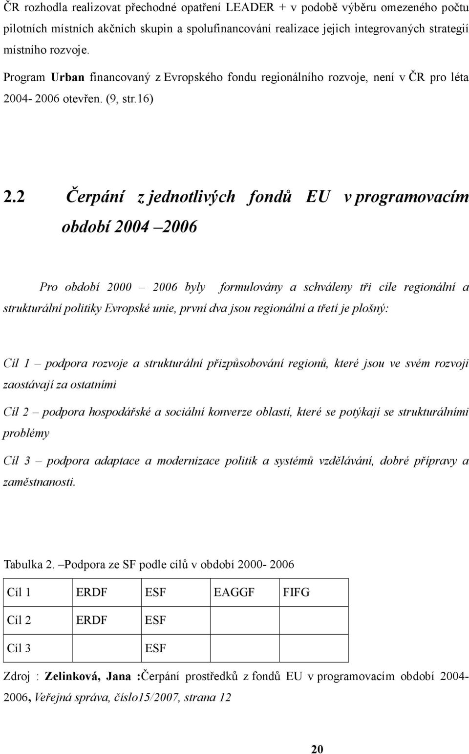 2 Čerpání z jednotlivých fondů EU v programovacím období 2004 2006 Pro období 2000 2006 byly formulovány a schváleny tři cíle regionální a strukturální politiky Evropské unie, první dva jsou