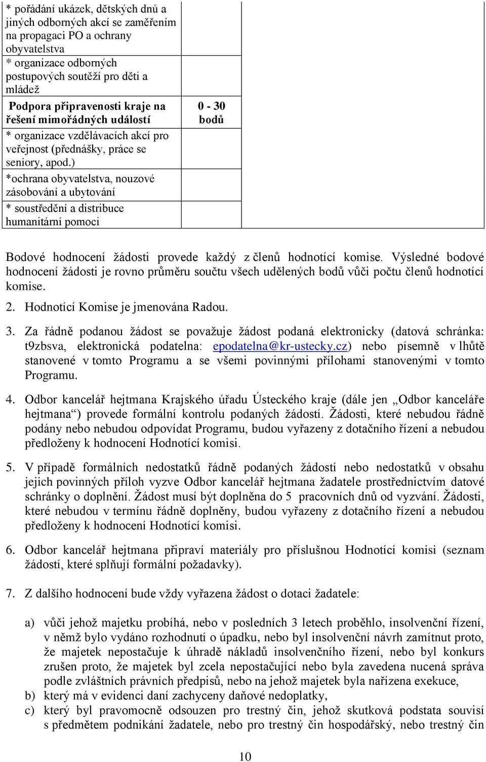 ) *ochrana obyvatelstva, nouzové zásobování a ubytování * soustředění a distribuce humanitární pomoci 0-30 bodů Bodové hodnocení žádosti provede každý z členů hodnotící komise.