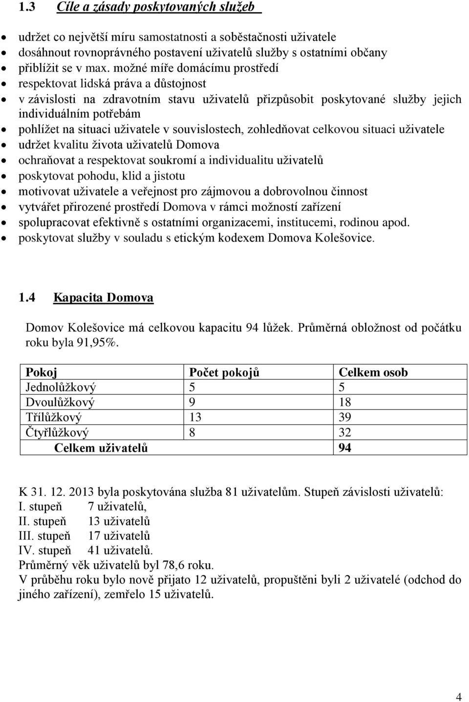 uživatele v souvislostech, zohledňovat celkovou situaci uživatele udržet kvalitu života uživatelů Domova ochraňovat a respektovat soukromí a individualitu uživatelů poskytovat pohodu, klid a jistotu