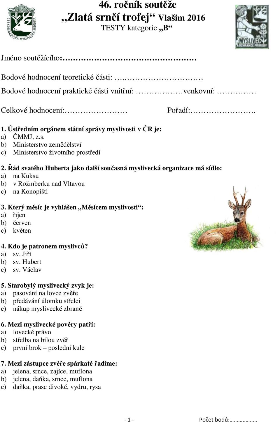 46. ročník soutěže Zlatá srnčí trofej Vlašim 2016 TESTY kategorie B - PDF  Free Download