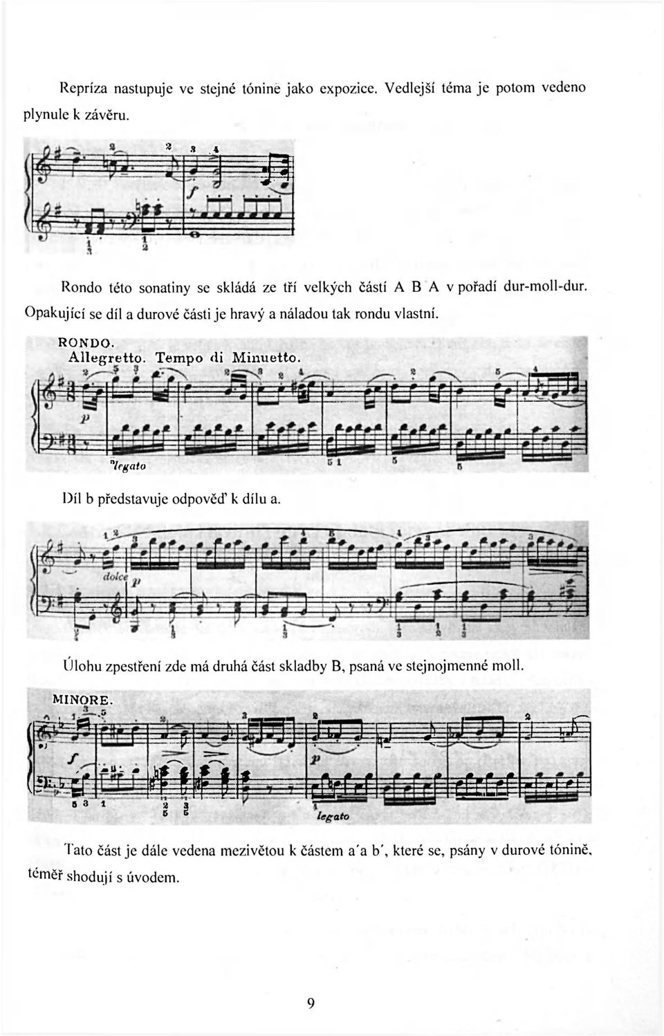 Tempo di Minuetto. "legato Díl b představuje odpověď к dílu a. Úlohu zpestření zde má druhá část skladby B, psaná ve stejnojmenné moll. MINORE.