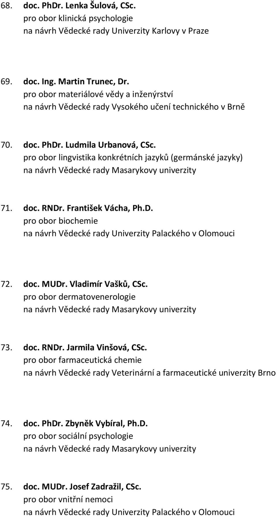 pro obor lingvistika konkrétních jazyků (germánské jazyky) 71. doc. RNDr. František Vácha, Ph.D. pro obor biochemie 72. doc. MUDr. Vladimír Vašků, CSc.