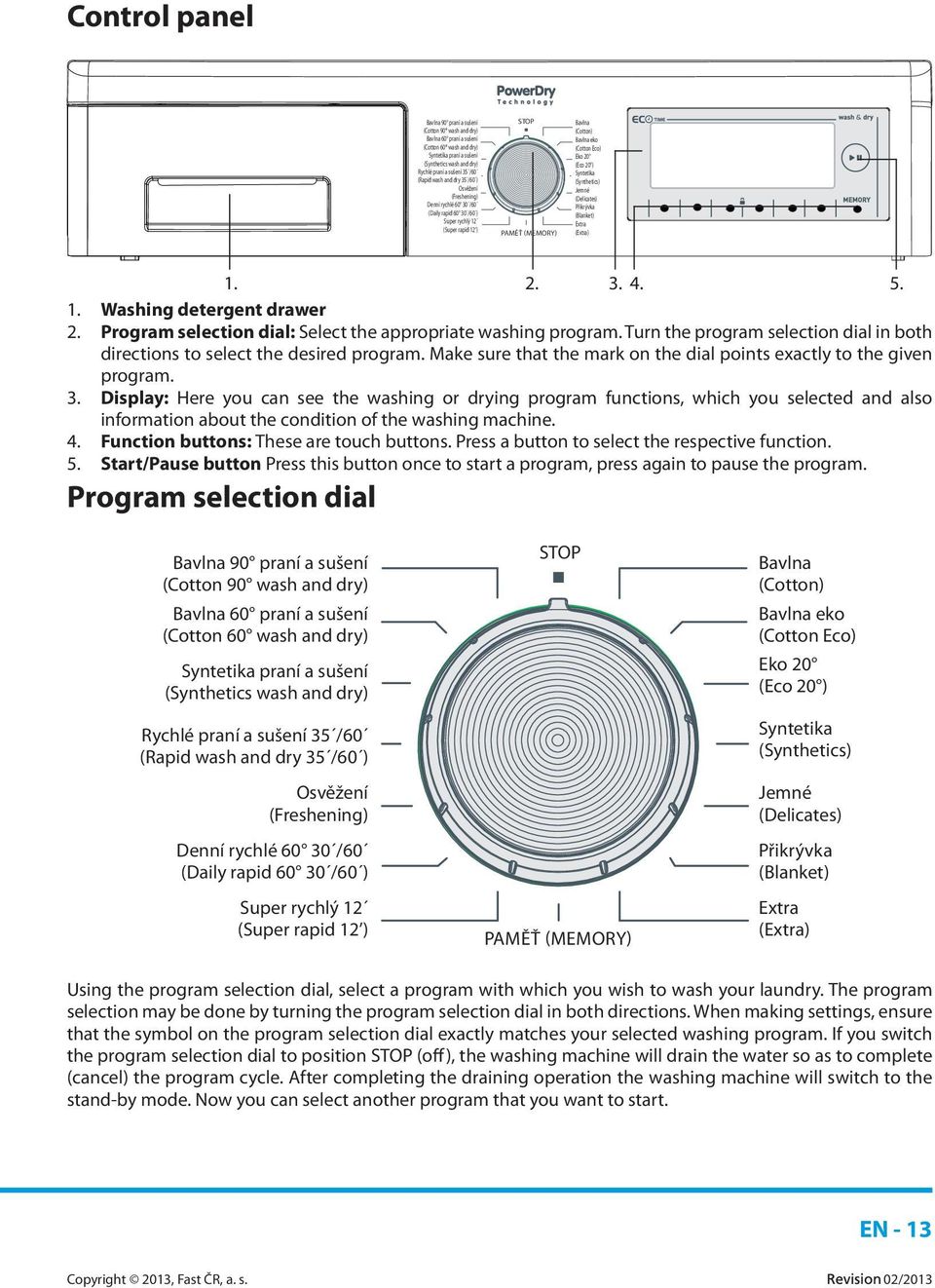 (Eco 20 ) Syntetika (Synthetics) Jemné (Delicates) Přikrývka (Blanket) Extra (Extra) 1. 2. 3. 4. 5. 1. Washing detergent drawer 2. Program selection dial: Select the appropriate washing program.