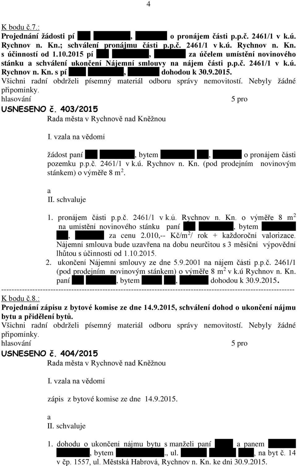 Nebyly žádné připomínky. USNESENO č. 403/2015 I. vzl n vědomí žádost pní Evy Pišťáčkové, bytem Krjkářská 187, Vmberk o pronájem části pozemku p.p.č. 2461/1 v k.ú. Rychnov n. Kn.