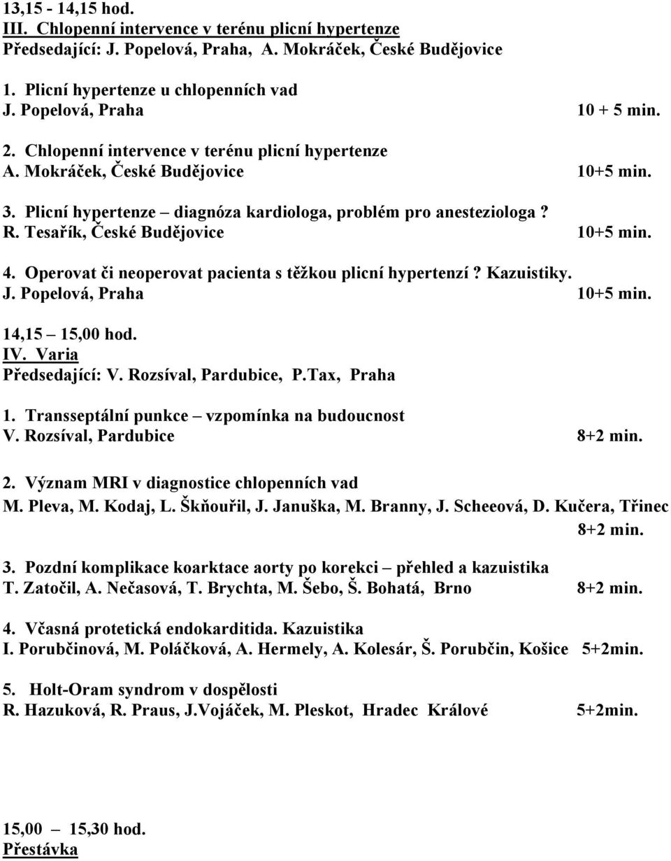 Tesařík, České Budějovice 10+5 min. 4. Operovat či neoperovat pacienta s těžkou plicní hypertenzí? Kazuistiky. J. Popelová, Praha 10+5 min. 14,15 15,00 hod. IV. Varia Předsedající: V.