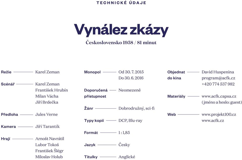 6. 2016 Doporučená Neomezeně přístupnost Žánr Dobrodružný, sci-fi Typy kopií DCP, Blu-ray Formát 1 : 1,85 Jazyk Česky Titulky Anglické