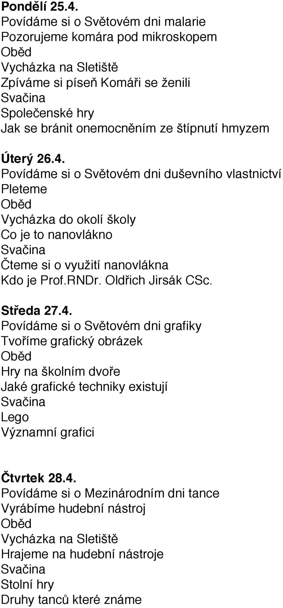 hmyzem Úterý 26.4. Povídáme si o Světovém dni duševního vlastnictví Pleteme Co je to nanovlákno Čteme si o využití nanovlákna Kdo je Prof.