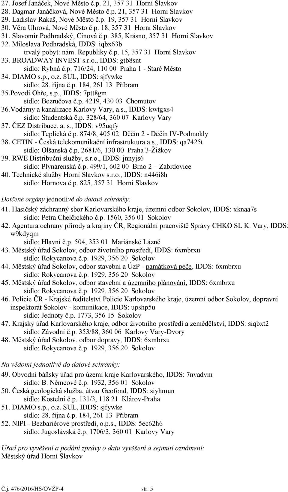 BROADWAY INVEST s.r.o., IDDS: gtb8snt sídlo: Rybná č.p. 716/24, 110 00 Praha 1 - Staré Město 34. DIAMO s.p., o.z. SUL, IDDS: sjfywke sídlo: 28. října č.p. 184, 261 13 Příbram 35. Povodí Ohře, s.p., IDDS: 7ptt8gm sídlo: Bezručova č.