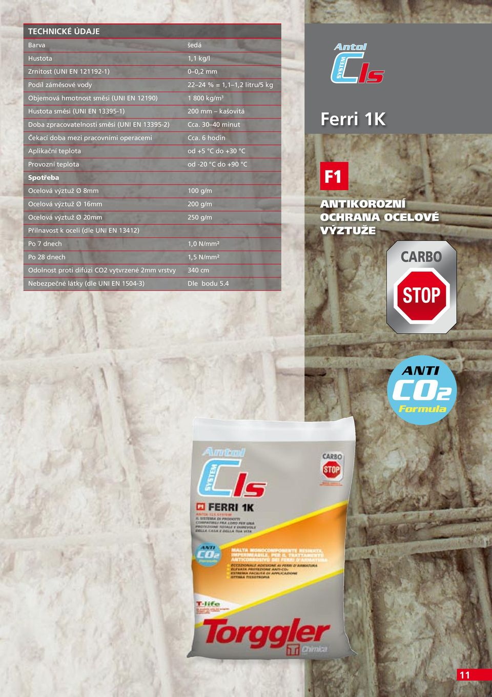 6 hodin Antol Ferri 1K Aplikační teplota od +5 do +30 Provozní teplota od -20 do +90 Spotřeba Ocelová výztuž Ø 8mm 100 g/m Ocelová výztuž Ø 16mm 200 g/m Ocelová výztuž Ø 20mm 250 g/m