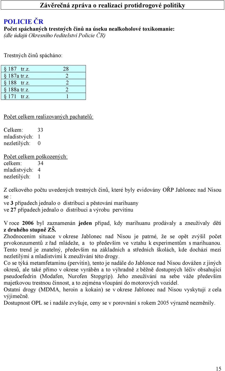 které byly evidovány OŘP Jablonec nad Nisou se : ve 3 případech jednalo o distribuci a pěstování marihuany ve 27 případech jednalo o distribuci a výrobu pervitinu V roce 2006 byl zaznamenán jeden